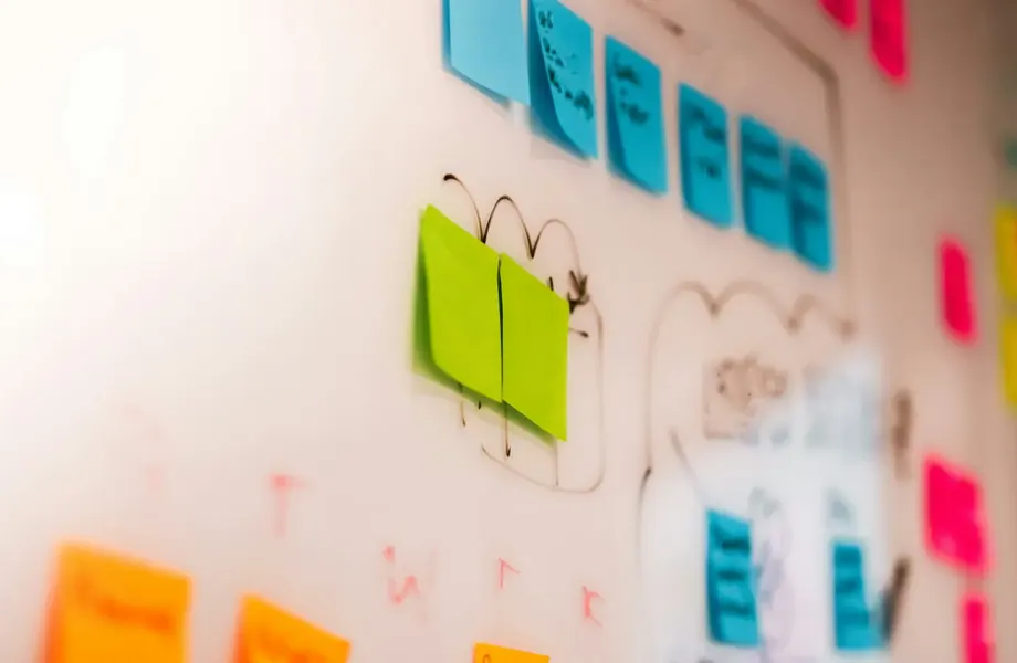 Colored sticky notes arranged on a whiteboard during a planning session