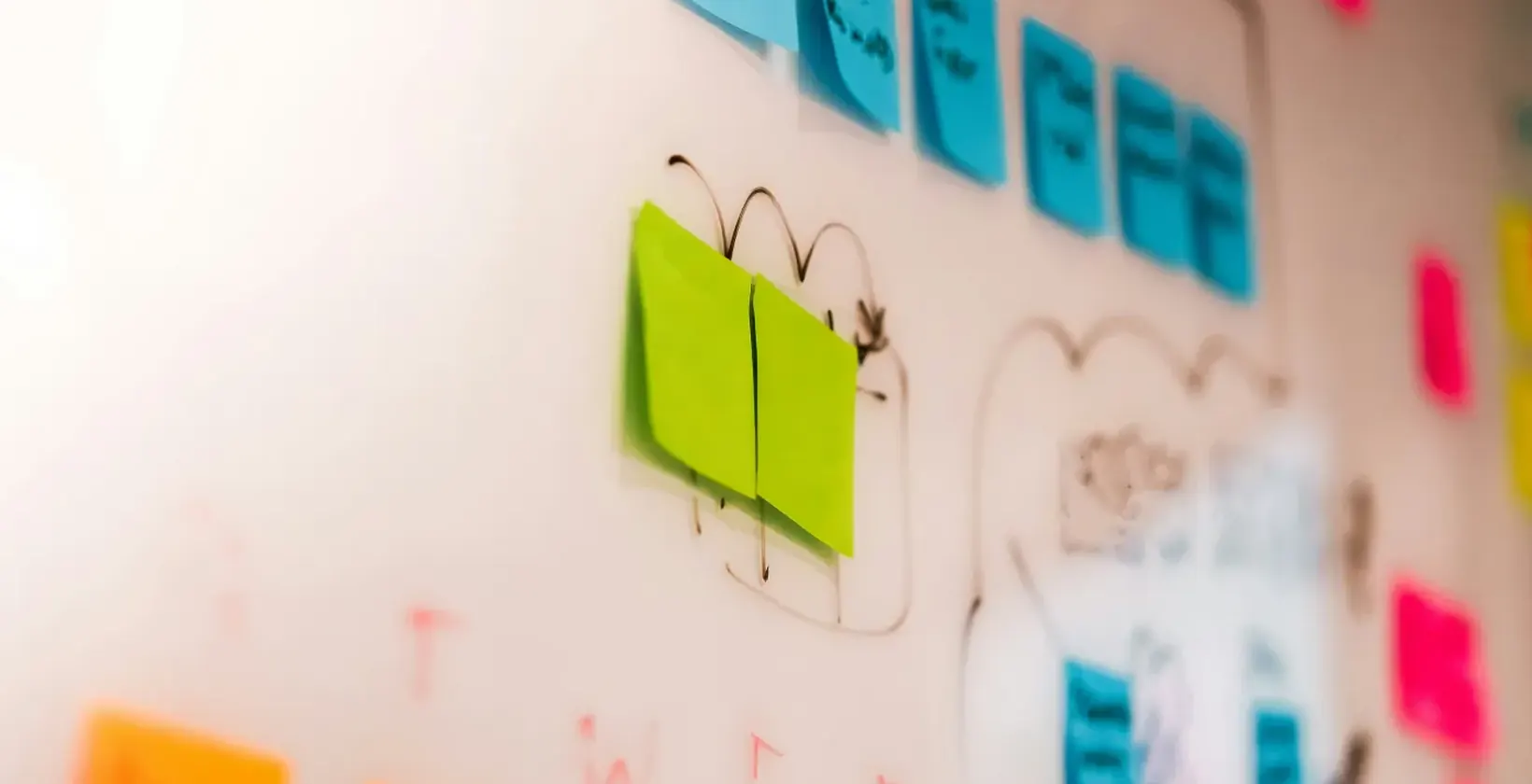 Colored sticky notes arranged on a whiteboard during a planning session