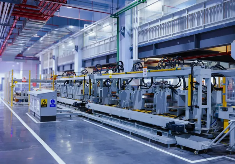 Automated production equipment on a clean factory floor