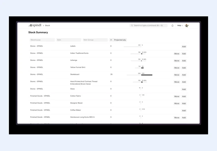 ERPNext Stock Summary page listing items by warehouse with projected quantity bars and Move / Add actions