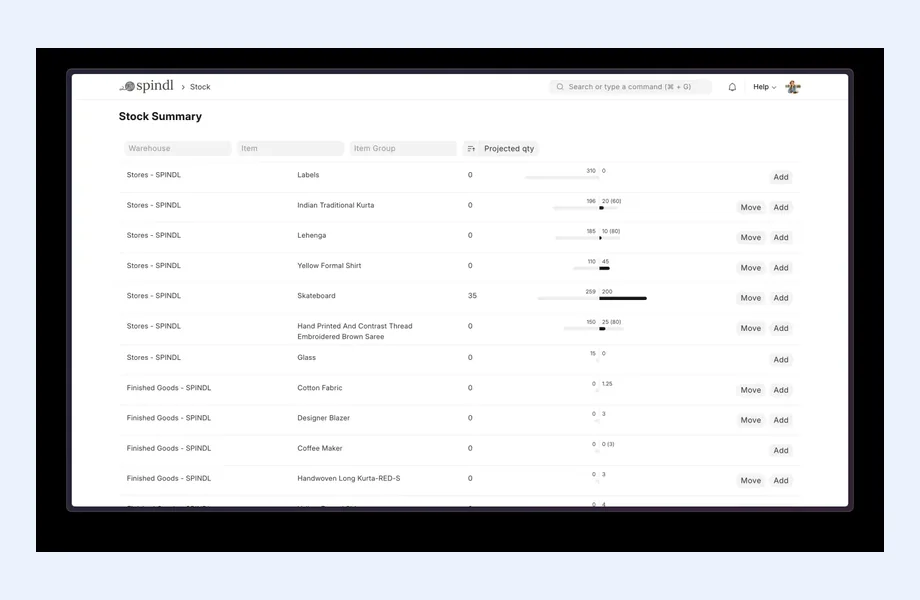 ERPNext Stock Summary page listing items by warehouse with projected quantity bars and Move / Add actions
