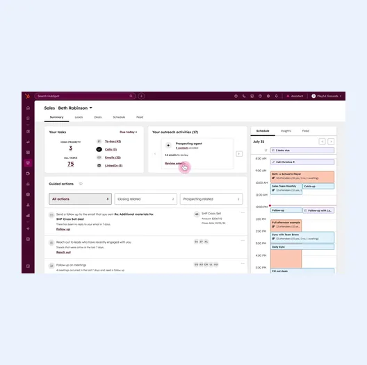 HubSpot Sales workspace summary showing task counts, outreach activities, guided actions and a daily schedule calendar