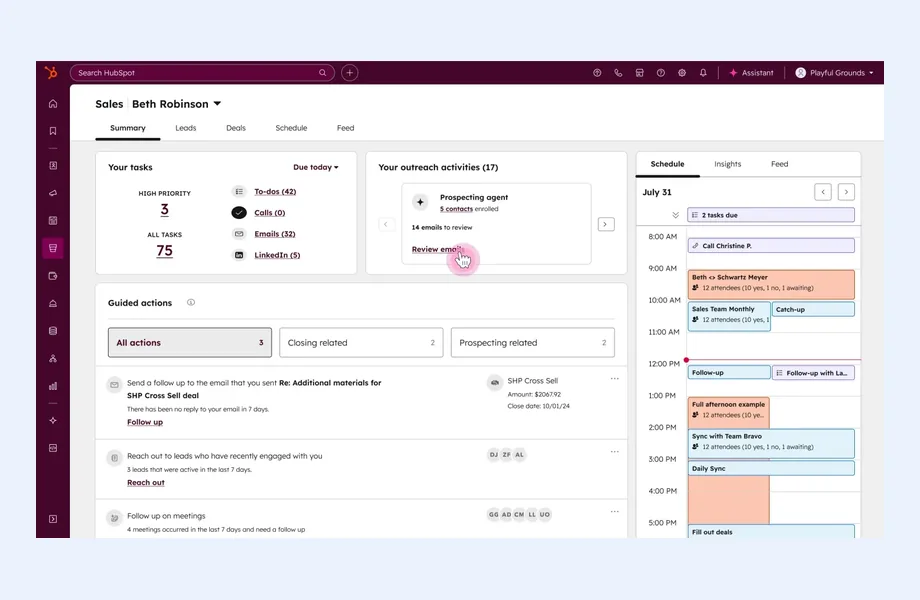 HubSpot Sales workspace summary showing task counts, outreach activities, guided actions and a daily schedule calendar
