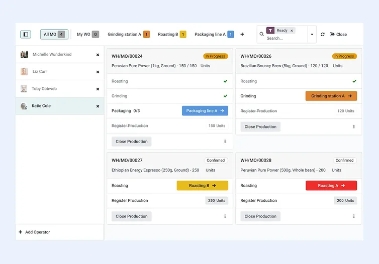 Odoo Manufacturing shop floor view showing manufacturing order cards with work center operations and operator panel
