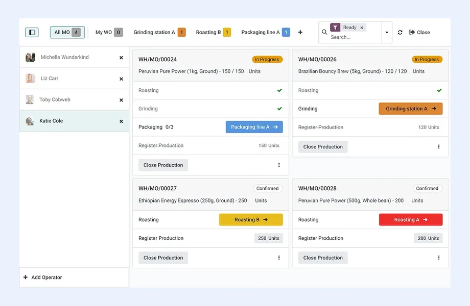 Odoo Manufacturing shop floor view showing manufacturing order cards with work center operations and operator panel