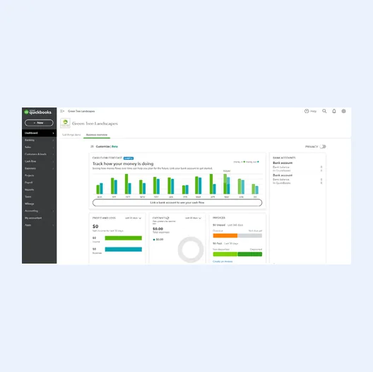 QuickBooks Online Business overview dashboard with left navigation, sample cash flow forecast chart, profit and loss, expenses, invoices and bank accounts cards