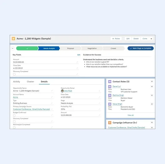 Salesforce Lightning Experience opportunity record with the sales path at Needs Analysis, key fields, guidance for success, details tab and contact roles