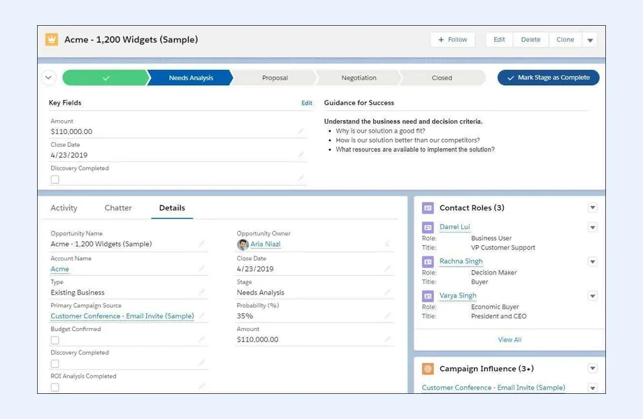 Salesforce Lightning Experience opportunity record with the sales path at Needs Analysis, key fields, guidance for success, details tab and contact roles