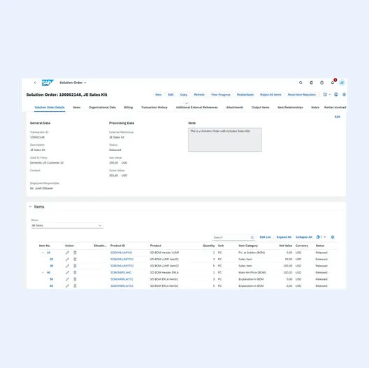 SAP S/4HANA Cloud Fiori object page for a solution order, showing general and processing data and an items table with sales-kit BOM lines