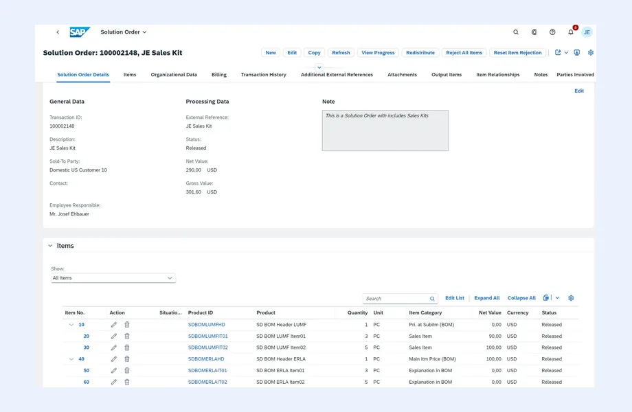SAP S/4HANA Cloud Fiori object page for a solution order, showing general and processing data and an items table with sales-kit BOM lines