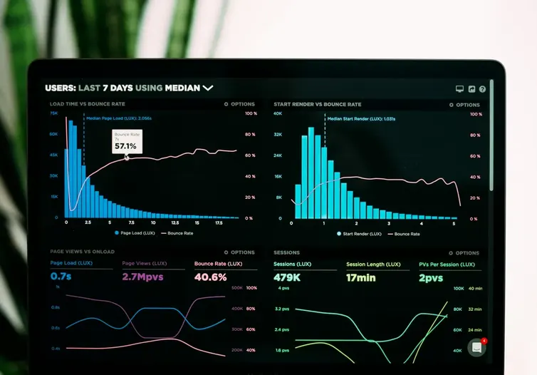 Tablet showing a website traffic analytics dashboard with charts