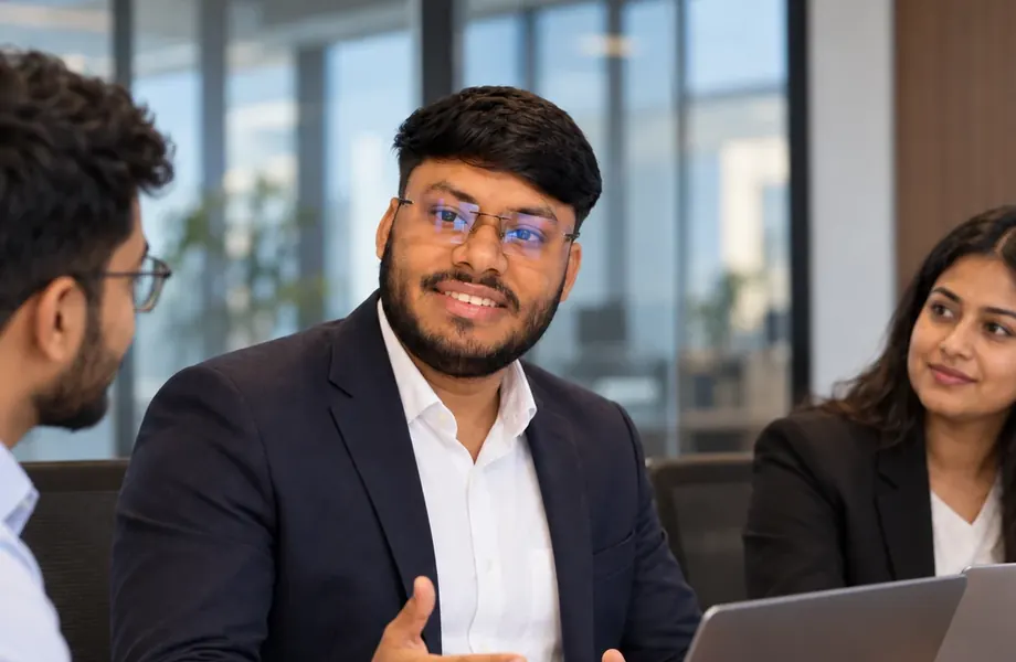 Vikas Saroj in conversation with two people at a meeting table with laptops