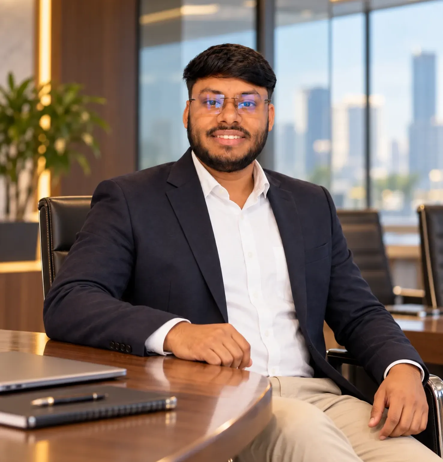 Vikas Saroj seated at a meeting table with a laptop and notebook