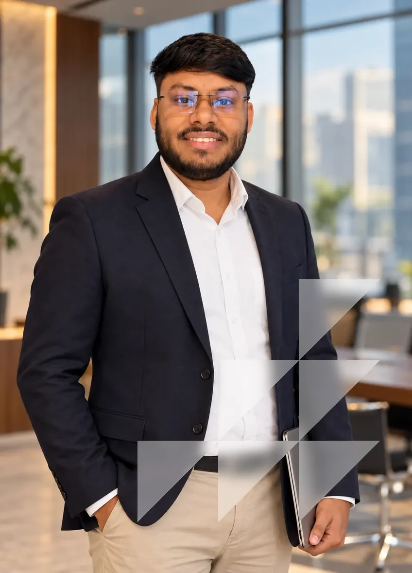 Vikas Saroj standing in an office holding a laptop