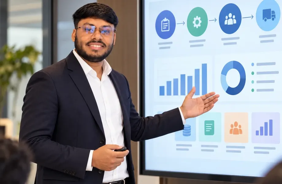 Vikas Saroj presenting a process flow and charts on a screen to a seated group