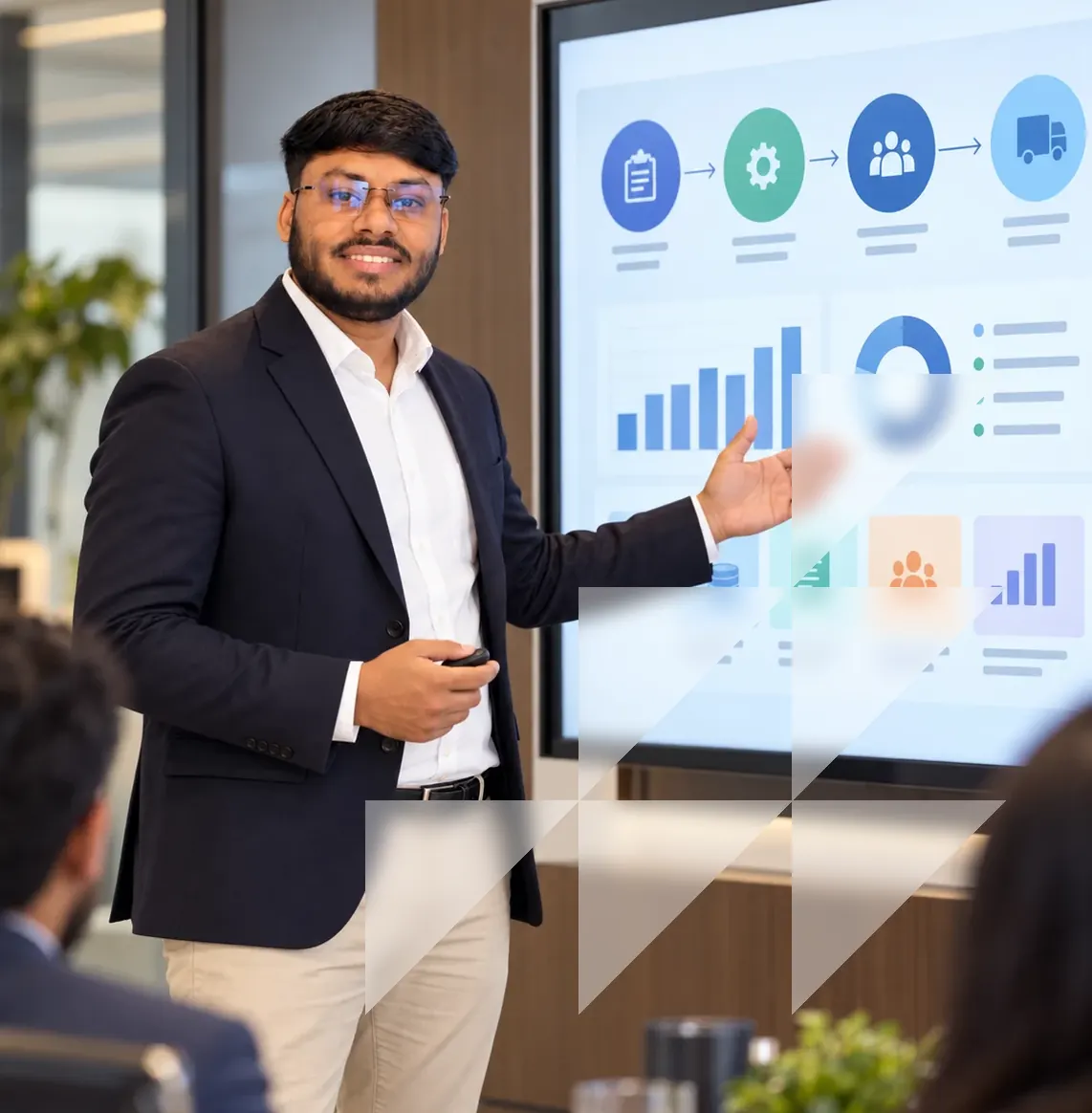 Vikas Saroj presenting a process flow and charts on a screen to a seated group