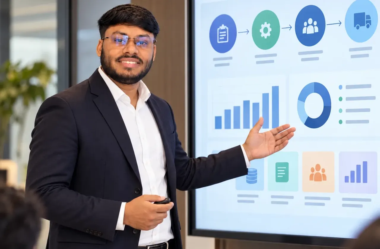 Vikas Saroj presenting a process flow and charts on a screen to a seated group