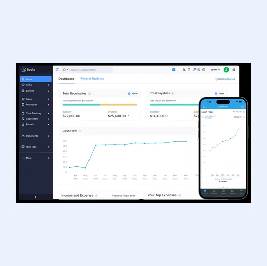 Zoho Books web dashboard showing total receivables, total payables and a cash flow chart, with the Zoho Books mobile app cash flow screen alongside