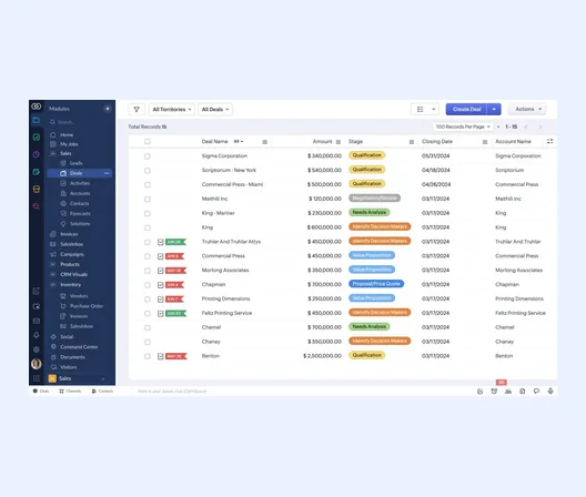Zoho CRM Deals module list view with the Sales sidebar, listing deals by amount, stage, closing date and account name