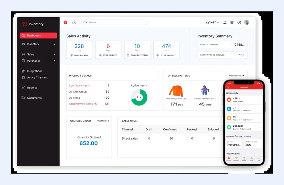 Zoho Inventory dashboard showing sales activity counts, inventory summary, product details, top selling items and sales orders, with the mobile app dashboard alongside