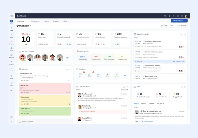 Zoho One unified home dashboard with widgets for tasks, sales activity, notes, appointments, conversations and mail