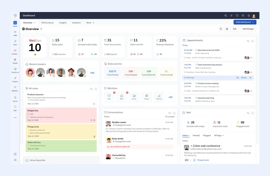 Zoho One unified home dashboard with widgets for tasks, sales activity, notes, appointments, conversations and mail